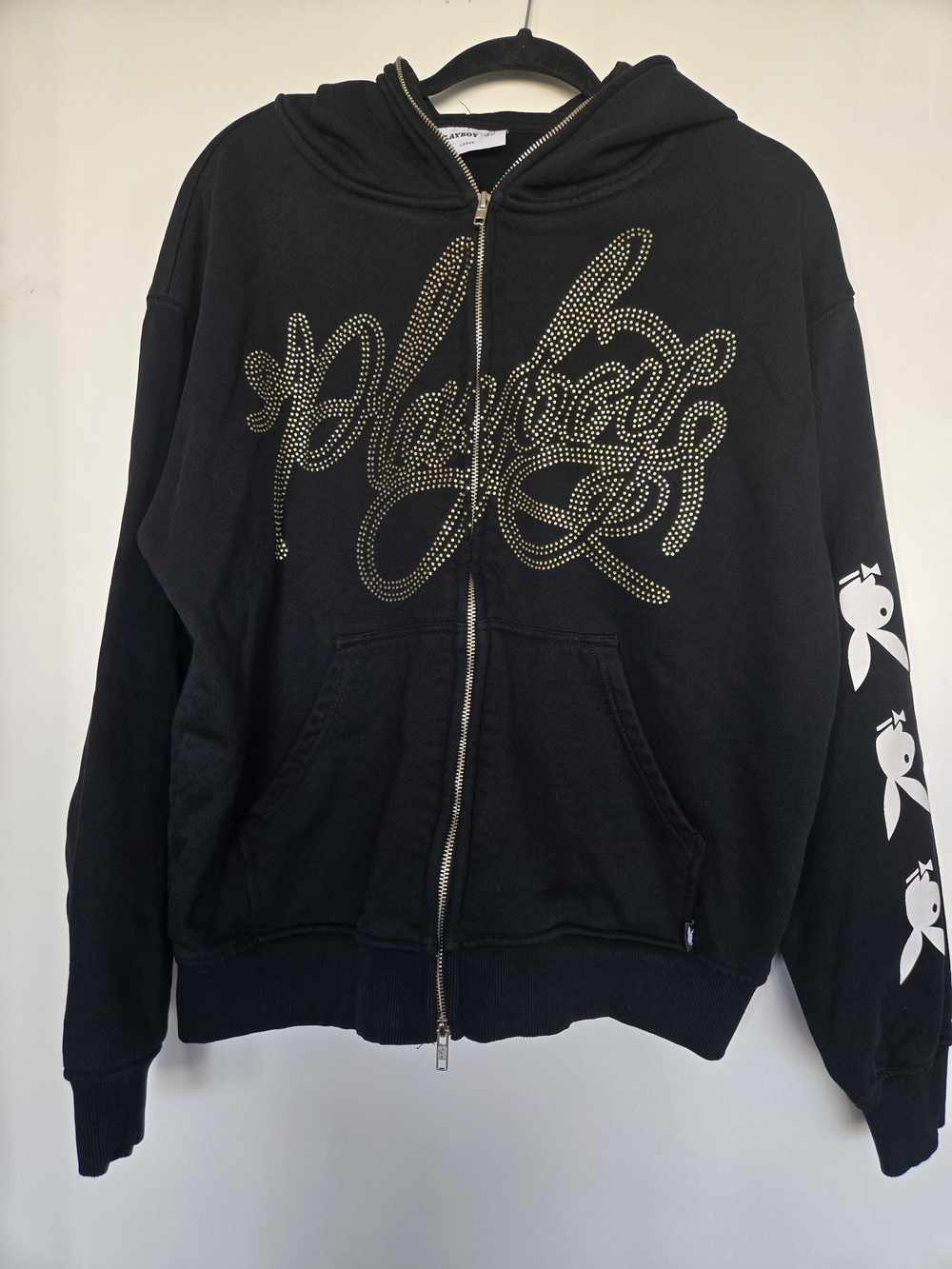 Playboy x PacSun Rhinestone Full Zip Hoodie Large Black Gold Script